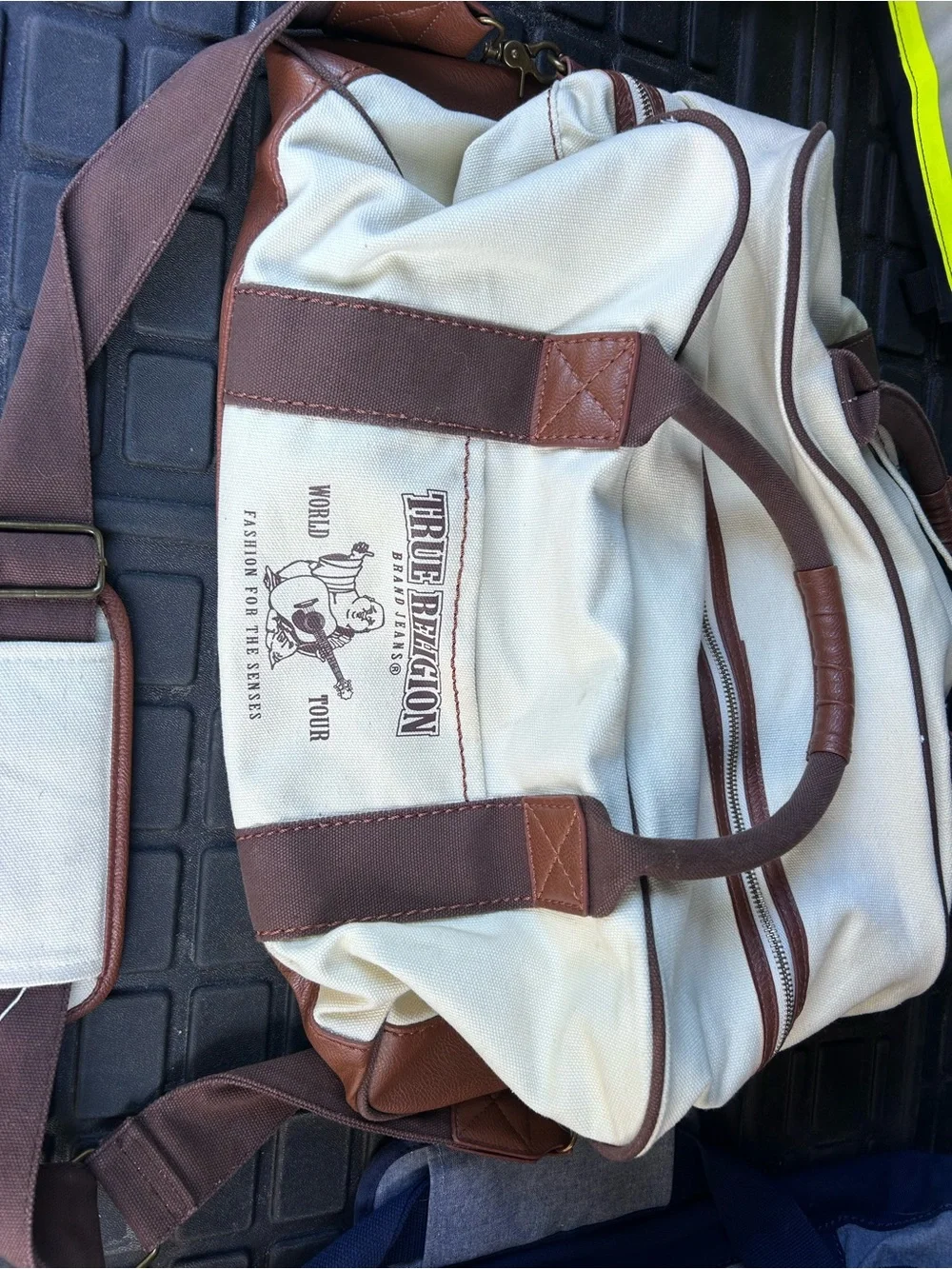 True Religion Cream and Brown Canvas Duffel with Logo